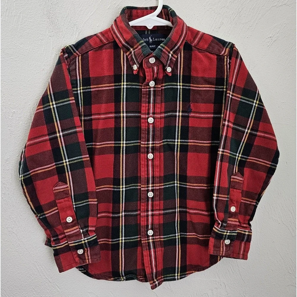 Ralph Lauren Toddler Boys Red Green Plaid Long Sleeve Shirt Size 4T Pony Logo‎